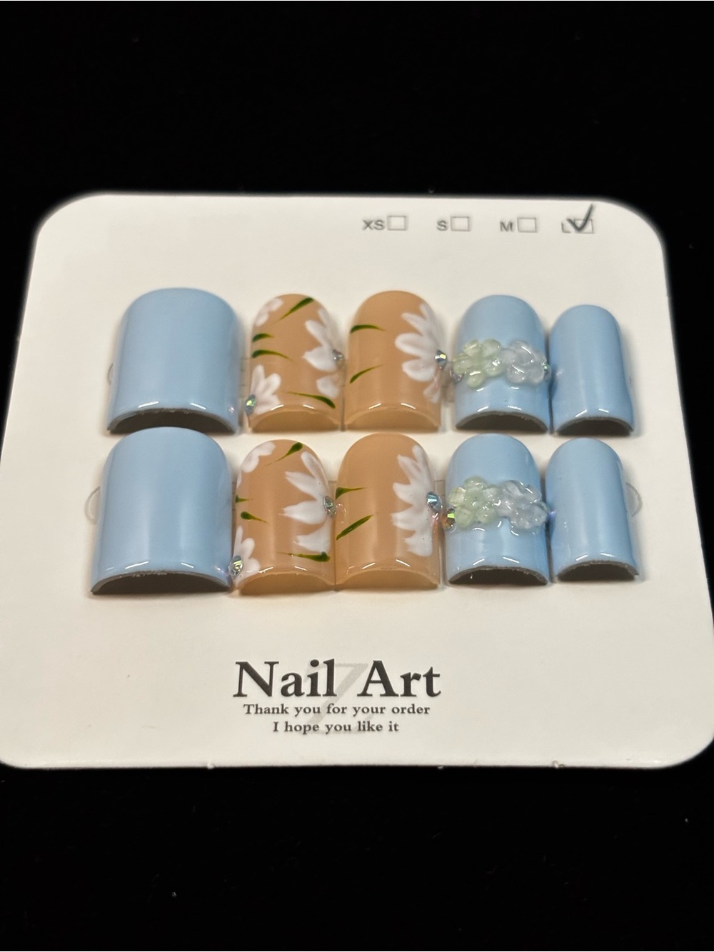Press-On Nail Set with Blue & Nude Floral Design